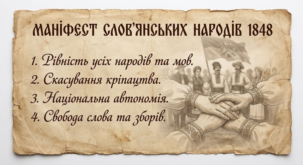 Ілюстрація на стилізованому старому пергаменті з заголовком «Маніфест слов'янських народів 1848 року». Текст містить чотири пункти: рівність народів та мов, скасування кріпацтва, національна автономія, свобода слова та зборів. Праворуч зображено малюнок з'єднаних рук на фоні людей у національному вбранні з прапором.