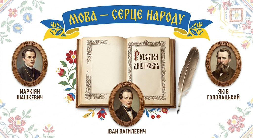 Освітній плакат, присвячений «Руській трійці» та українській мові. У центрі зображена відкрита книга «Русалка Дністровая», оточена портретами Маркіяна Шашкевича, Івана Вагилевича та Якова Головацького. Угорі — синьо-жовта стрічка з гаслом «МОВА — СЕРЦЕ НАРОДУ». Композиція прикрашена традиційними українськими вишитими орнаментами та гусячим пером.