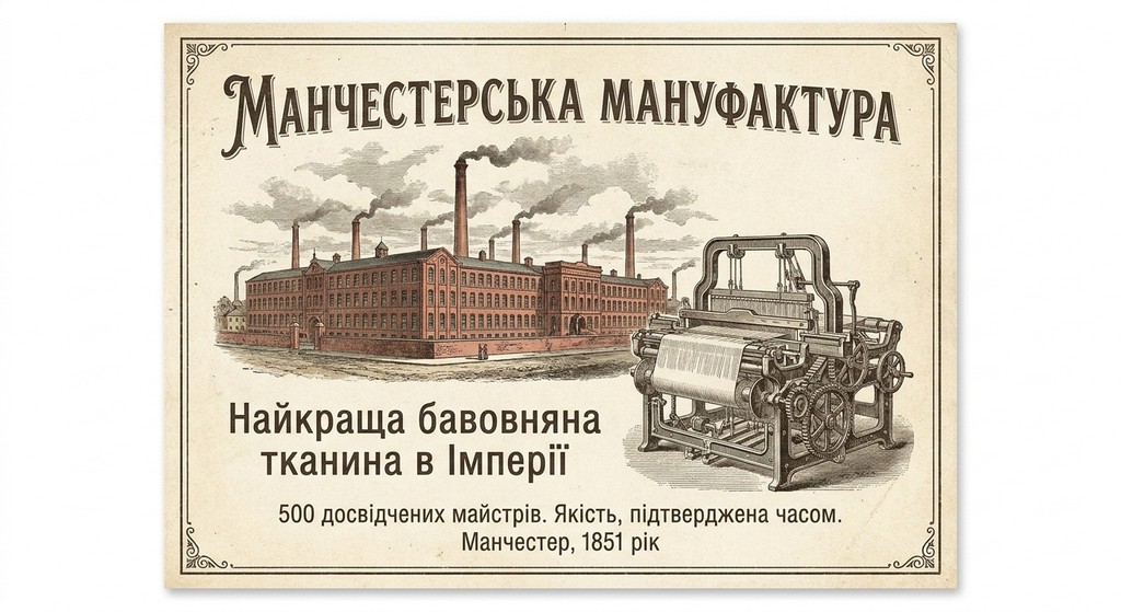 Ретро-ілюстрація Манчестерської мануфактури 1851 року із зображенням текстильної фабрики та механічного ткацького верстата, що ілюструє епоху промислової революції.