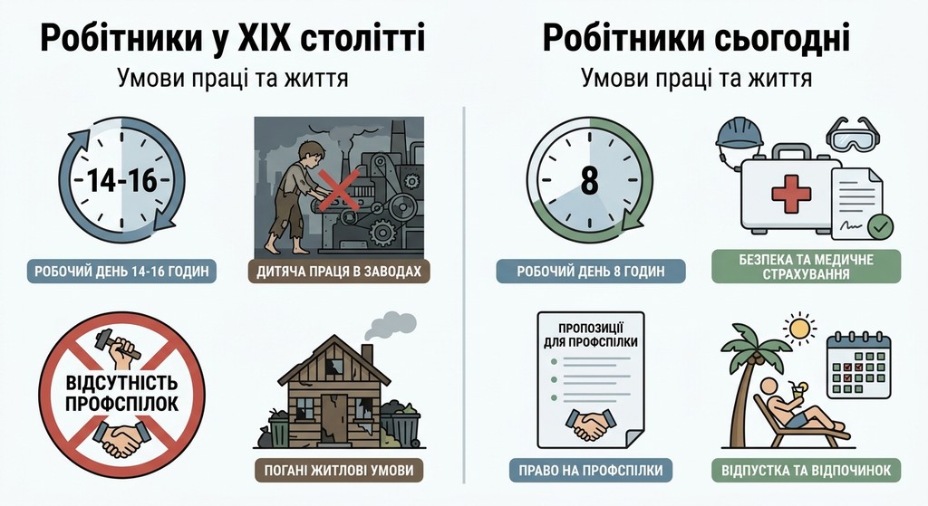Порівняльна інфографіка умов праці та життя робітників у XIX столітті та сьогодні. Ліворуч зображено важкі умови минулого: робочий день 14-16 годин, дитяча праця, відсутність профспілок та погане житло. Праворуч показано сучасні здобутки: 8-годинний робочий день, безпека та медичне страхування, право на профспілки та гарантована відпустка.