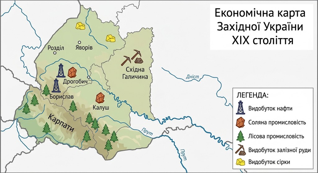 Навчальна економічна карта Західної України XIX століття. На карті позначені основні промислові центри та природні ресурси: видобуток нафти в Бориславі та Дрогобичі, соляна промисловість у Калуші, лісова промисловість у Карпатах, видобуток залізної руди в Східній Галичині та сірки біля Яворова. Також вказані річки Дністер і Прут.