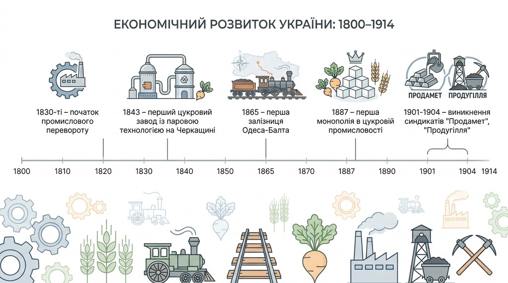 Інфографіка часової шкали під назвою «Економічний розвиток України: 1800–1914». На ній позначено ключові історичні події: початок промислового перевороту у 1830-х, запуск першого парового цукрового заводу у 1843 році, відкриття залізниці Одеса-Балта у 1865 році, створення першої цукрової монополії у 1887 році та виникнення синдикатів «Продамет» і «Продугілля» у 1901–1904 роках. Кожен етап проілюстровано тематичними піктограмами промисловості та сільського господарства.