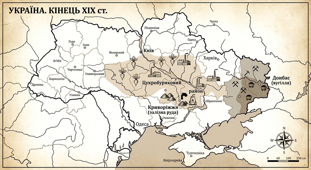 Історична карта промислового розвитку України кінця XIX століття з позначенням основних економічних районів: цукробурякового в центрі, Криворізького залізорудного басейну та вугільного Донбасу на сході.
