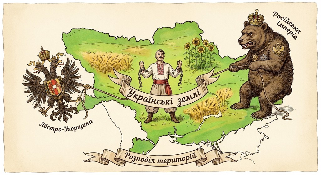 Історична ілюстрація, що показує поділ українських земель між Російською та Австро-Угорською імперіями. На фоні мапи України зображено українця у традиційному одязі, який розриває кайдани, поки з обох боків територію розтягують імперський ведмідь та двоголовий орел.