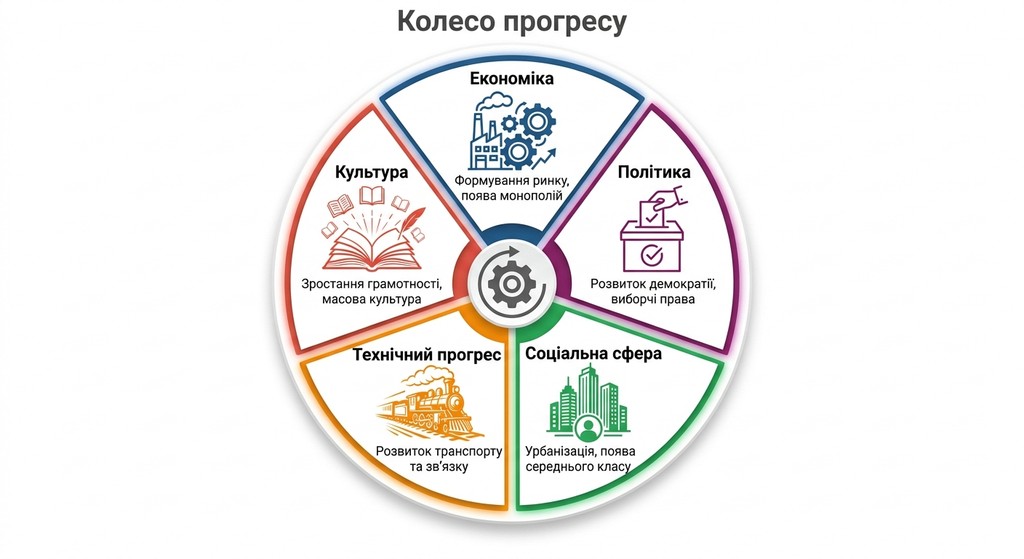 Інфографіка «Колесо прогресу», що демонструє ключові фактори розвитку суспільства. Діаграма розділена на п'ять кольорових секторів: культура (зростання грамотності), економіка (формування ринку), політика (розвиток демократії), соціальна сфера (урбанізація) та технічний прогрес (розвиток транспорту та зв’язку).