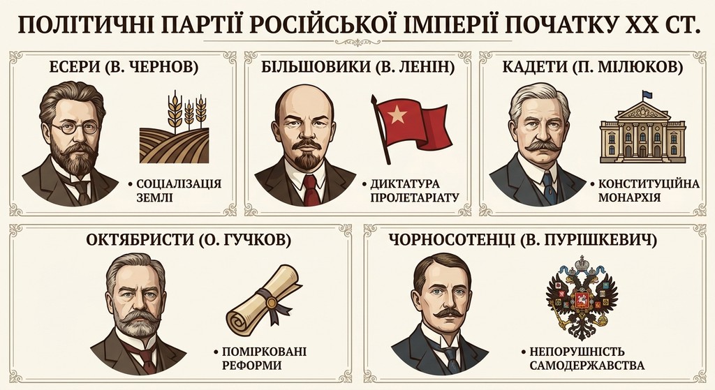 Навчальна інфографіка, що описує політичні партії Російської імперії початку XX століття. На плакаті зображені портрети лідерів, символи та основні програмні засади п'яти партій: есерів (В. Чернов), більшовиків (В. Ленін), кадетів (П. Мілюков), октябристів (О. Гучков) та чорносотенців (В. Пурішкевич).