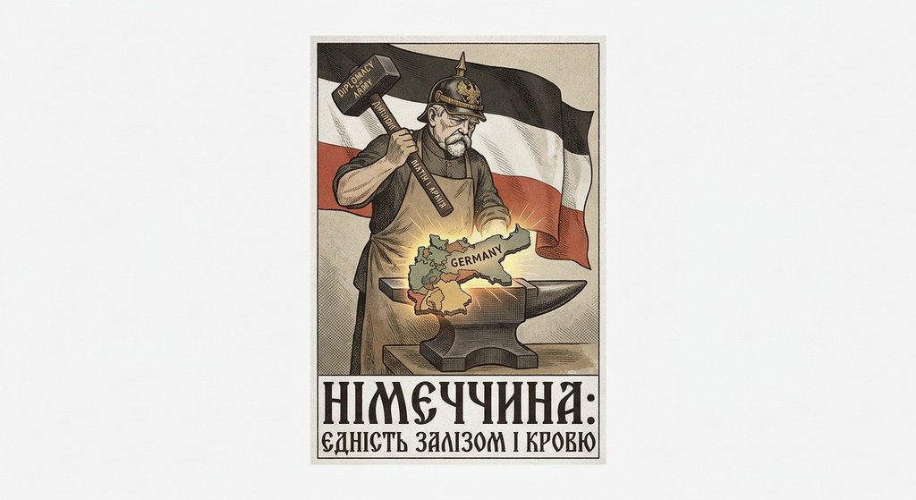 Історична ілюстрація, що зображує Отто фон Бісмарка як коваля, який кує карту об'єднаної Німеччини на ковадлі. Він одягнений у прусський шолом і тримає молот із написом «Дипломатія та Армія». На задньому плані — чорно-біло-червоний прапор, а внизу текст: «Німеччина: єдність залізом і кров'ю».