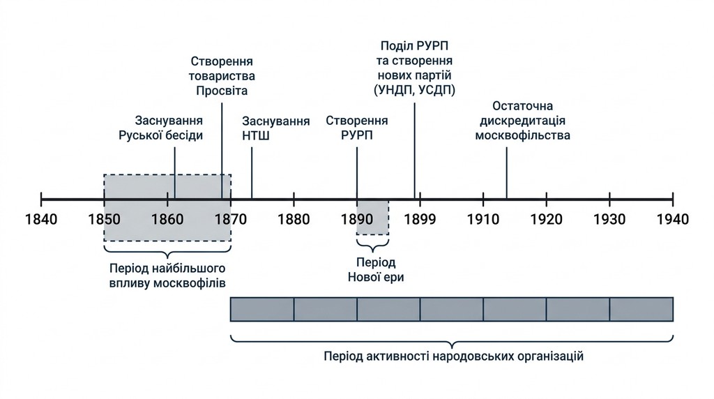 Хронологічна шкала подій українського національного руху XIX – початку XX століття. На ній позначено ключові дати: заснування товариств «Руська бесіда» та «Просвіта», НТШ, створення першої політичної партії РУРП та її наступниць. Окремо виділено періоди впливу москвофілів, «Нової ери» та тривалу активність народовських організацій.